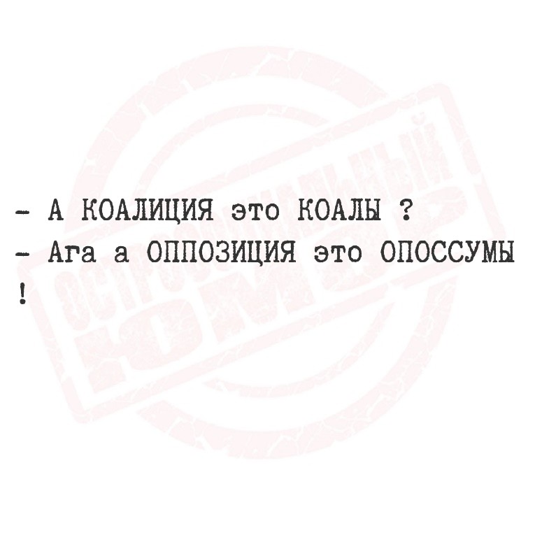 - А КОАЛИЦИЯ это КОАЛЫ ?
- Ага а ОППОЗИЦИЯ это ОПОССУМЫ
